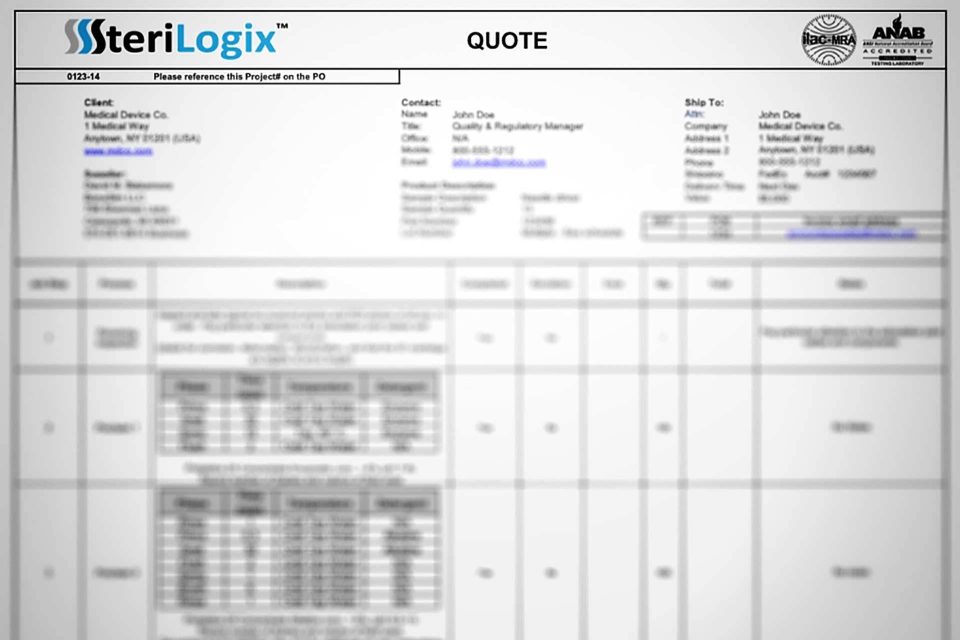 Blurred out image of a document requesting a quote from SteriLogix.