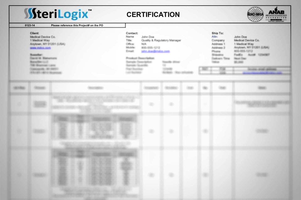 Blurred out example of certification documentation from SteriLogix.